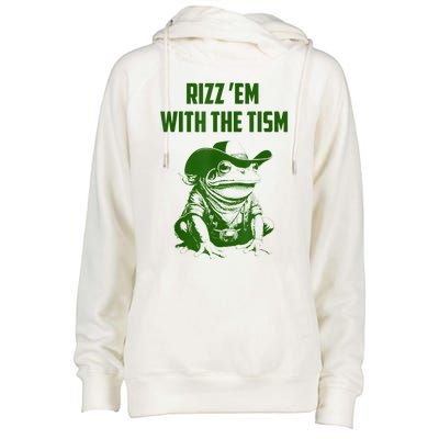 Rizz Em With The Tism Frog Womens Funnel Neck Pullover Hood