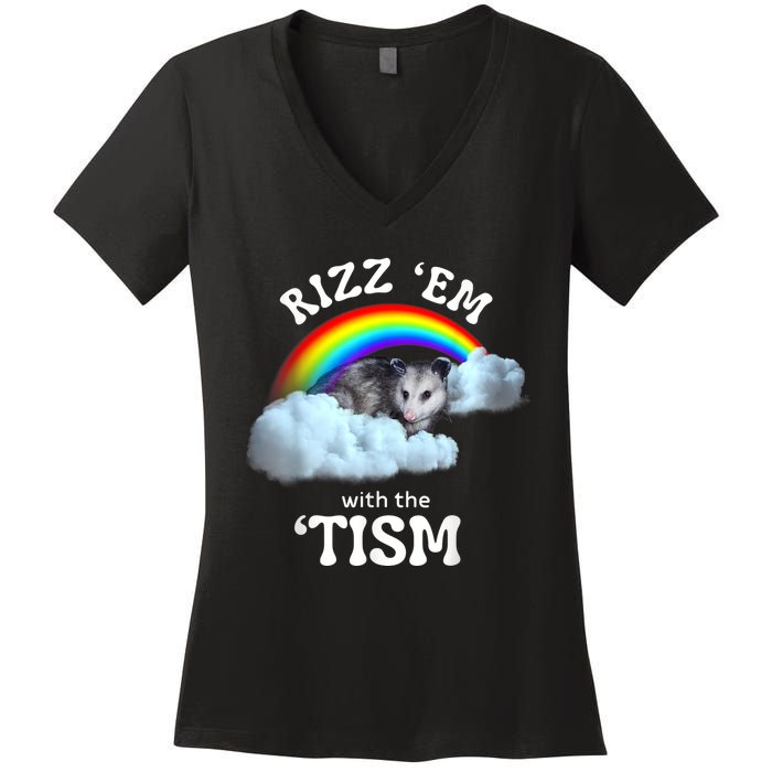 Rizz Em With The Tism Meme Autistic Opossum Autism Funny Women's V-Neck T-Shirt