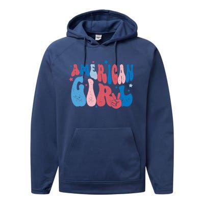 Retro Fourth 4th Of July Patriotic Groovy All American Girl Performance Fleece Hoodie