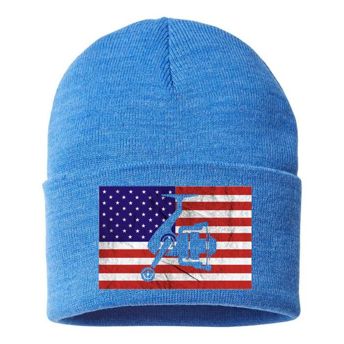 Retro Fishing American Flag Fishing Vintage Fisher Meaningful Gift Sustainable Knit Beanie