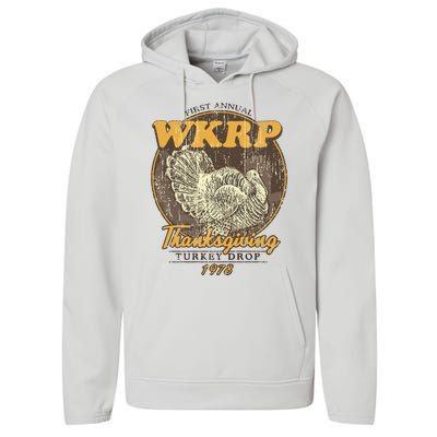 Retro First Annual Wkrp Thanksgiving Turkey Drop Performance Fleece Hoodie