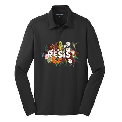 Resist Floral Anti Trump Political Protest Silk Touch Performance Long Sleeve Polo