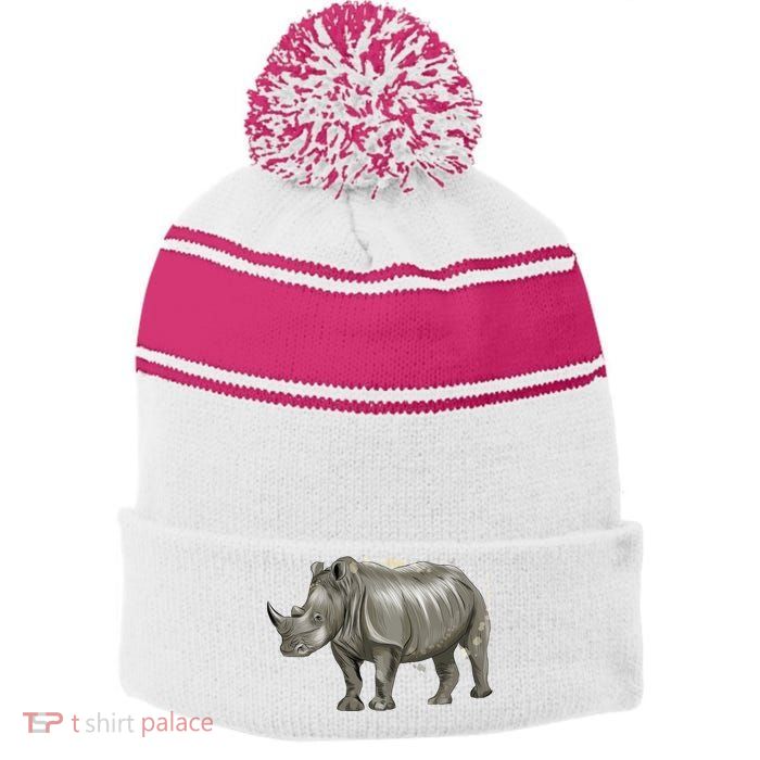 Rhinoceros From A Splash Stripe Pom Pom Beanie