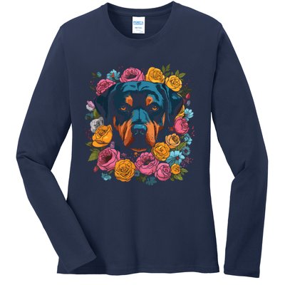 Rottwieler Flower Bouquet Ladies Long Sleeve Shirt