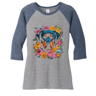 Rottwieler Flower Bouquet Women's Tri-Blend 3/4-Sleeve Raglan Shirt