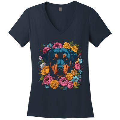 Rottwieler Flower Bouquet Women's V-Neck T-Shirt