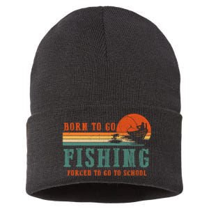 Retro Fisherman Born To Go Fishing Forced To Go To School Sustainable Knit Beanie