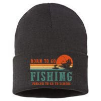 Retro Fisherman Born To Go Fishing Forced To Go To School Sustainable Knit Beanie