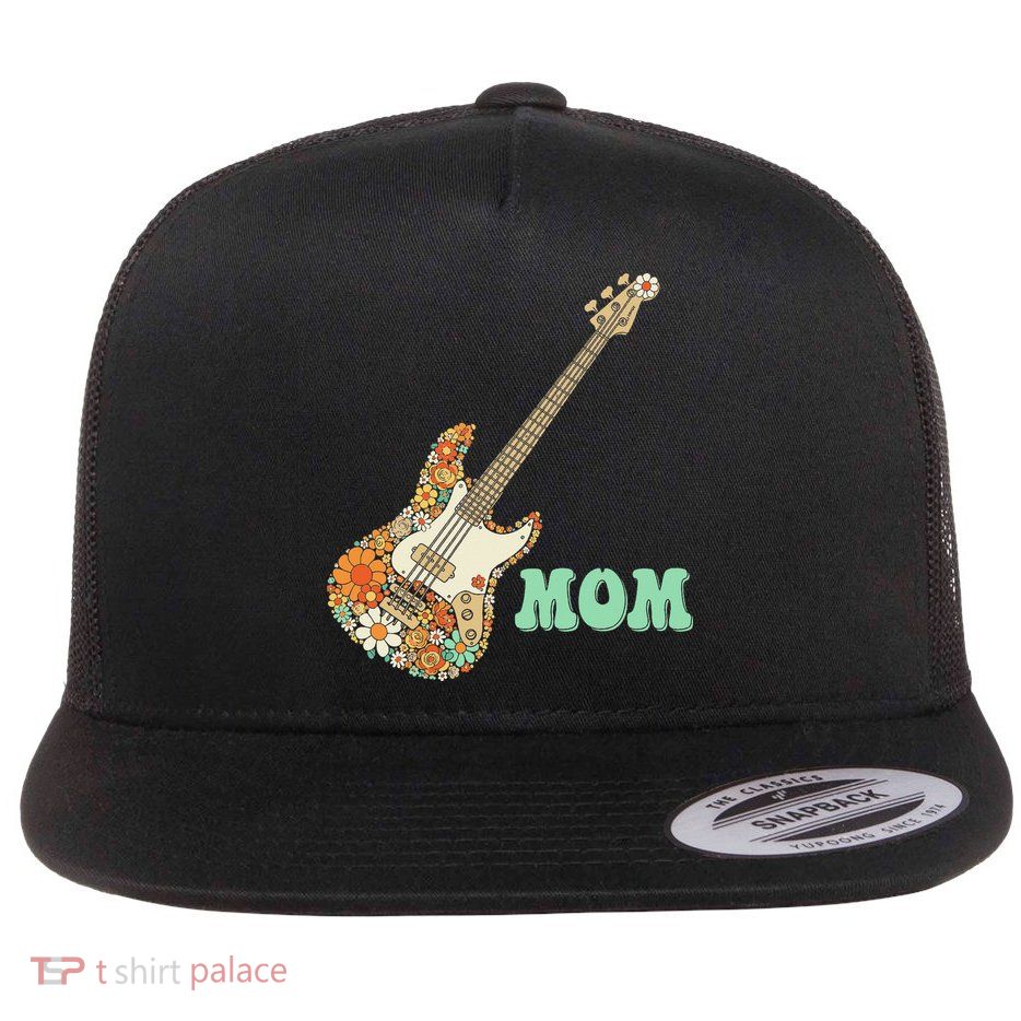 Retro Flower Bass Guitar Mom Grandma Mothers Day Flat Bill Trucker Hat
