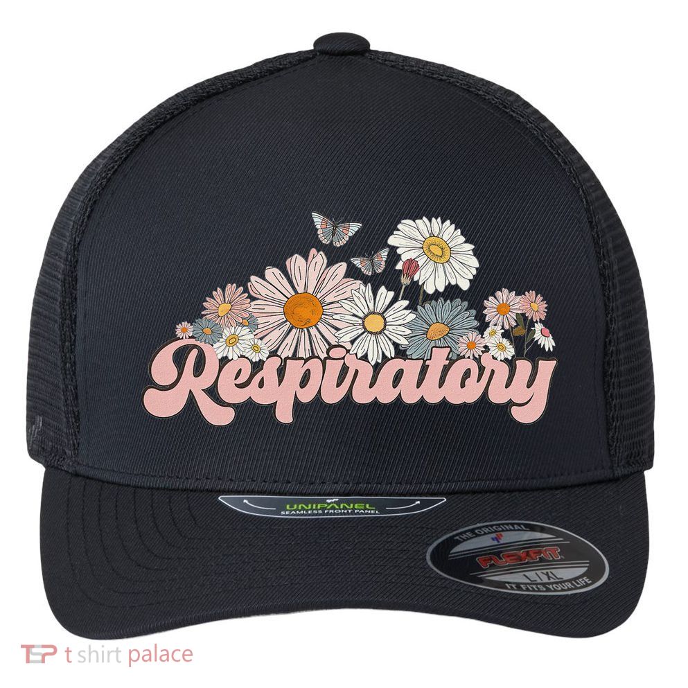 Retro Flower Butterfly Respiratory Therapy Rt Therapist Flexfit Unipanel Trucker Cap