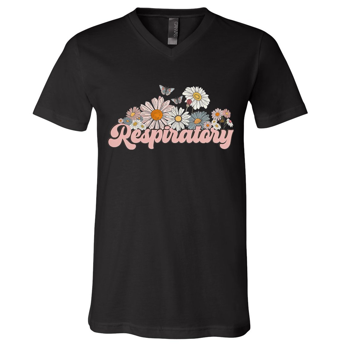 Retro Flower Butterfly Respiratory Therapy Rt Therapist V-Neck T-Shirt