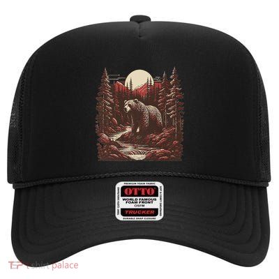 Retro Forest Bear Wildlife Animal Nature Bear High Crown Mesh Back Trucker Hat