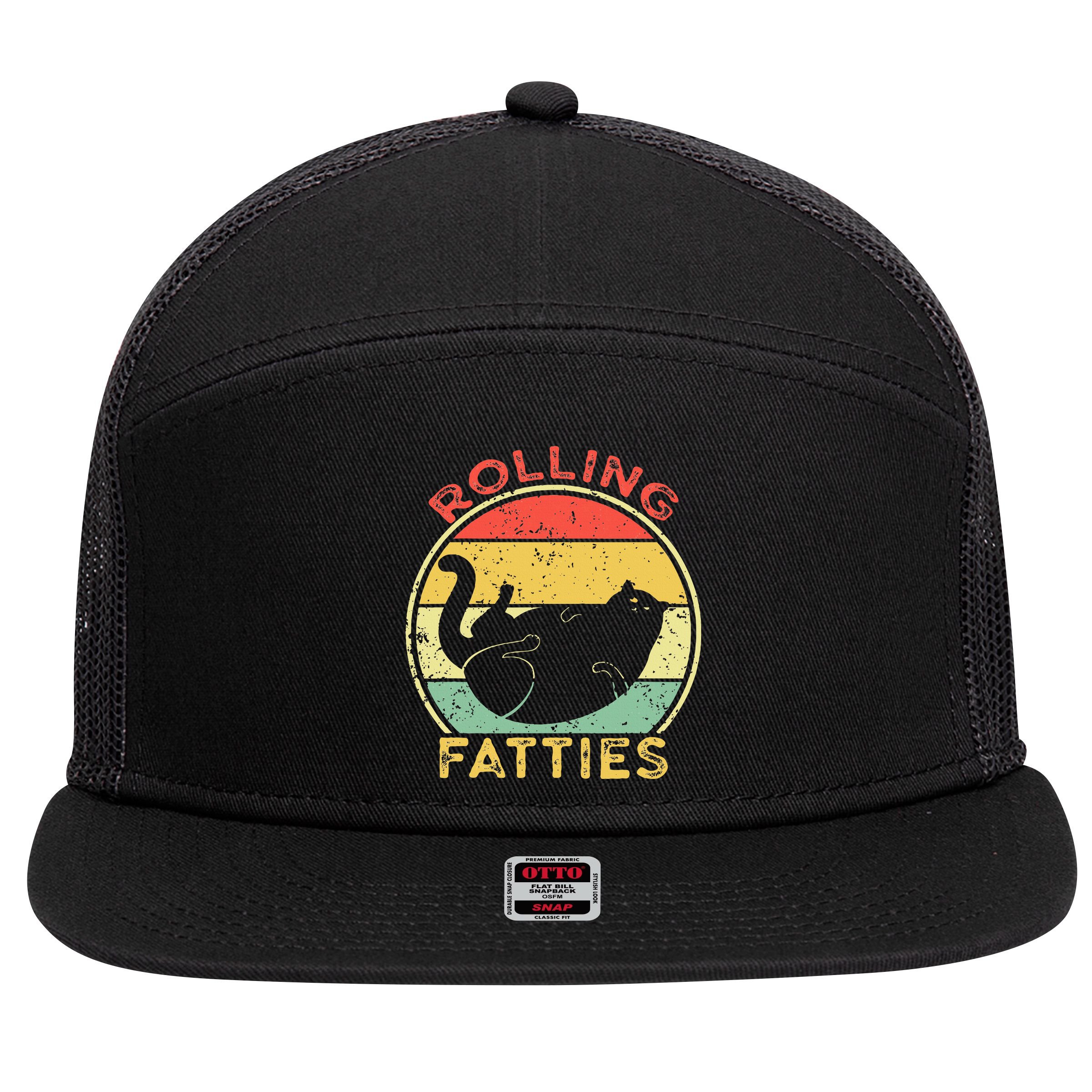 Rolling Fatties Cat Retro Vintage Funny Fat Kitten Saying 7 Panel Mesh Trucker Snapback Hat