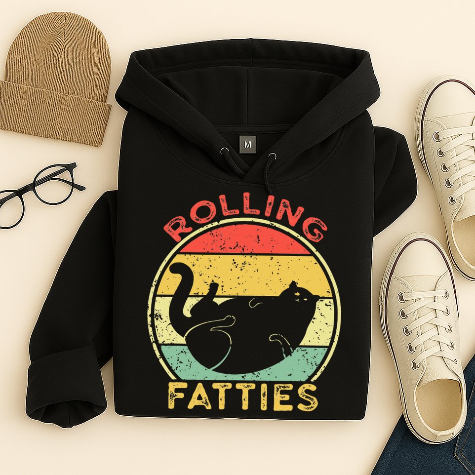 Rolling Fatties Cat Retro Vintage Funny Fat Kitten Saying Hoodie