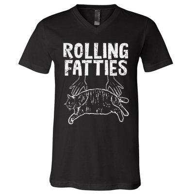 Rolling Fatties Cat Funny Fat Kitten V-Neck T-Shirt