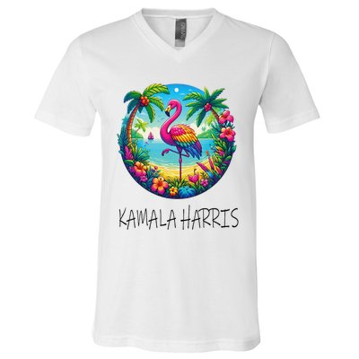 Retro Flamingo Chucks And Pearls Comma La Kamala Harris 2024 V-Neck T-Shirt