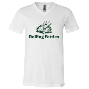 Rolling Fatties Cat Funny V-Neck T-Shirt