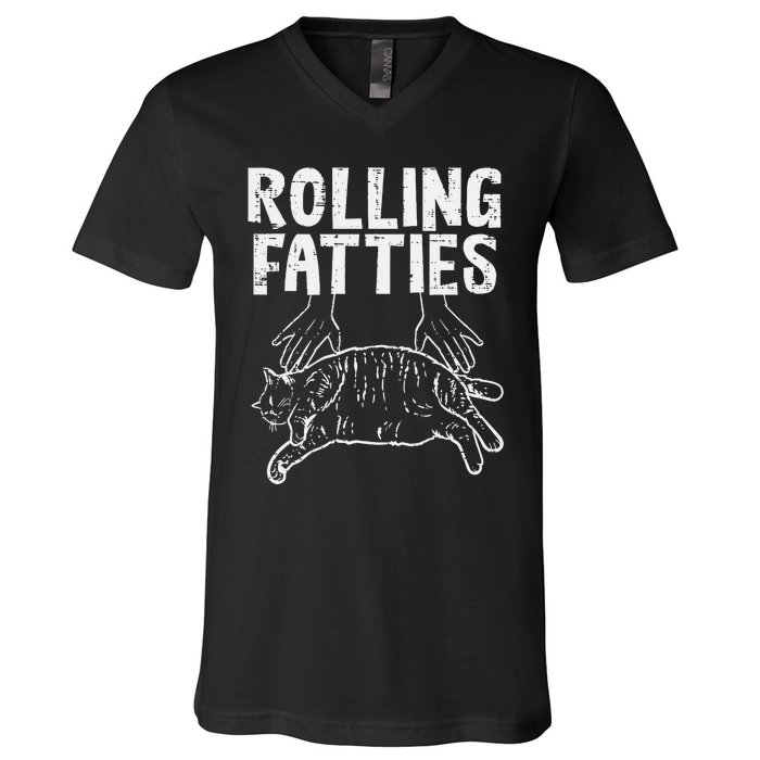 Rolling Fatties Cat Funny Fat Kitten V-Neck T-Shirt