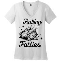 Rolling Fatties Cat Funny Women's V-Neck T-Shirt