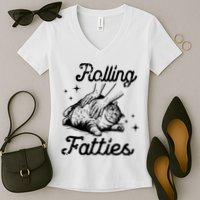 Rolling Fatties Cat Funny Women's V-Neck T-Shirt