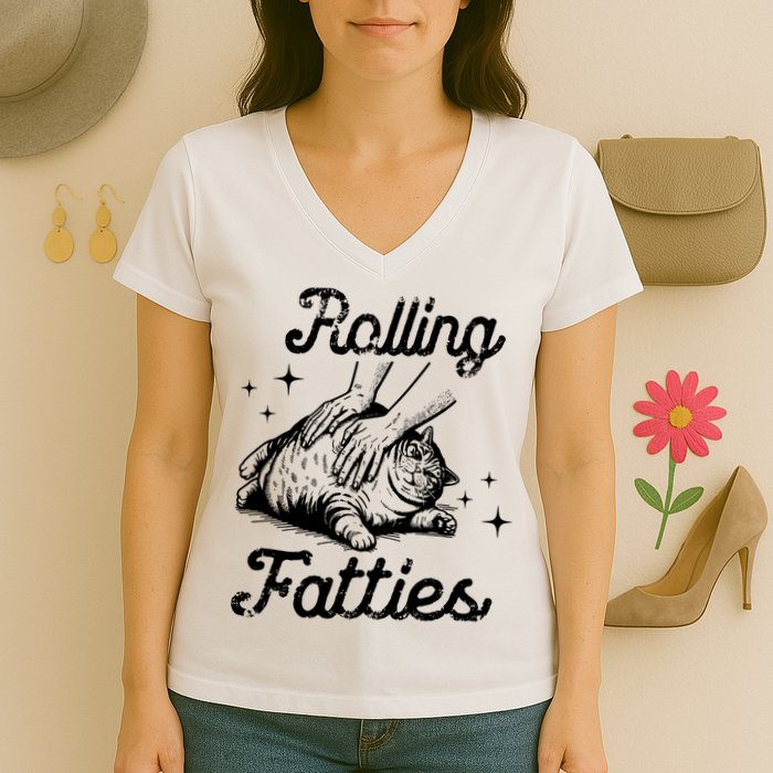 Rolling Fatties Cat Funny Women's V-Neck T-Shirt
