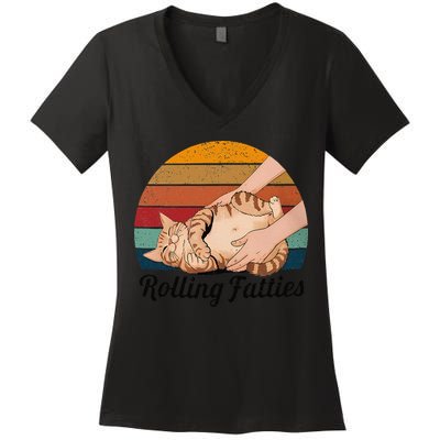 Rolling Fatties Cat Lover Humor Pet Cat Kitten Owner Women's V-Neck T-Shirt