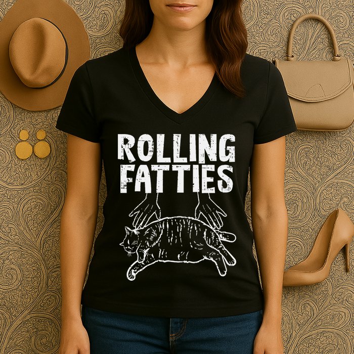 Rolling Fatties Cat Funny Fat Kitten Women's V-Neck T-Shirt