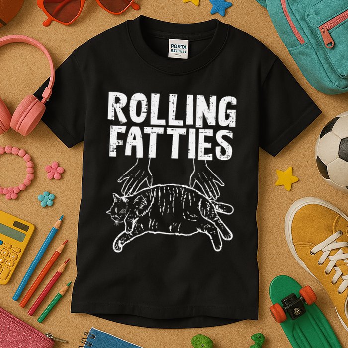 Rolling Fatties Cat Funny Fat Kitten Kids T-Shirt