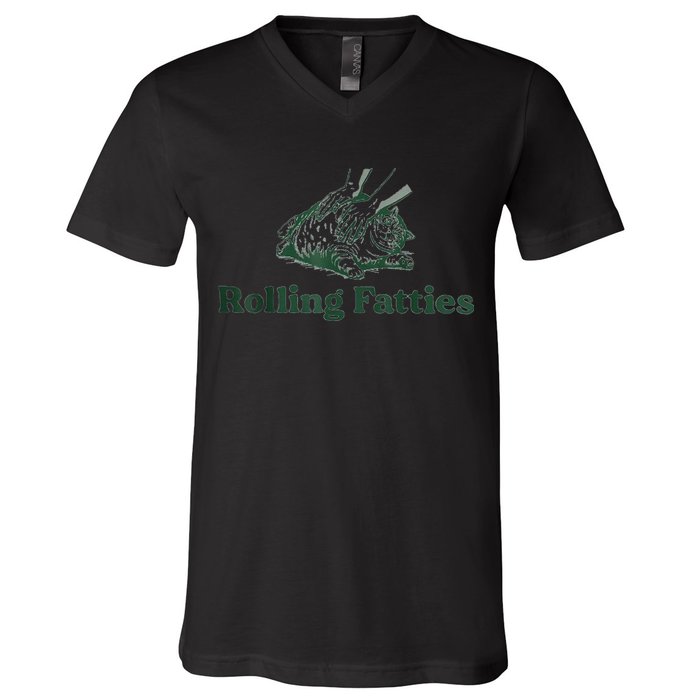 Rolling Fatties Cat Funny Cute V-Neck T-Shirt