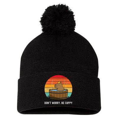 Retro Funny Capybara DonT Worry Be Capy Pom Pom 12in Knit Beanie