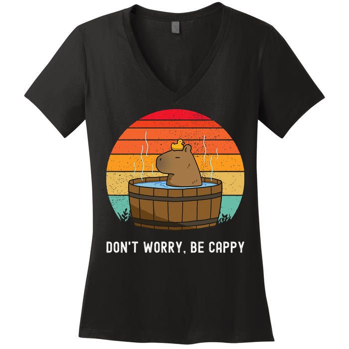 Retro Funny Capybara DonT Worry Be Capy Women's V-Neck T-Shirt