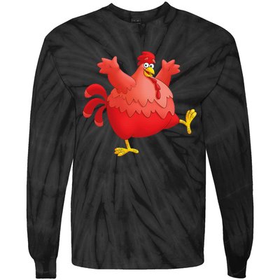 Red Fat Chubby Chicken Bird Cock Cartoon Art Tie-Dye Long Sleeve Shirt