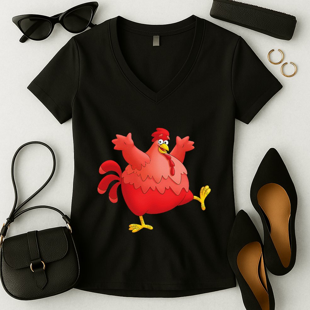 Red Fat Chubby Chicken Bird Cock Cartoon Art Women's V-Neck T-Shirt