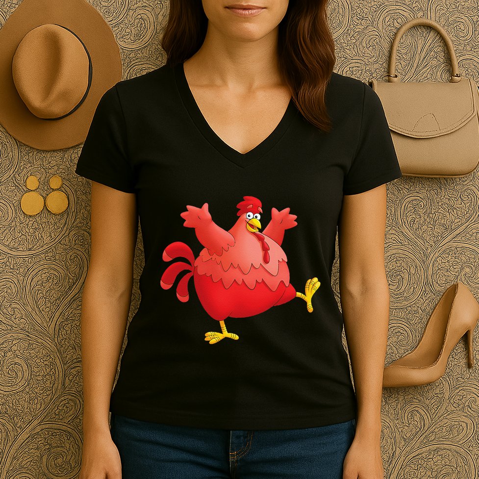 Red Fat Chubby Chicken Bird Cock Cartoon Art Women's V-Neck T-Shirt