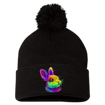 Rabbit Face Colorful Water Color Abstract Head Pom Pom 12in Knit Beanie