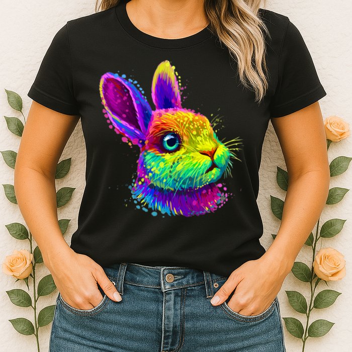 Rabbit Face Colorful Water Color Abstract Head Womens T-Shirt