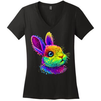 Rabbit Face Colorful Water Color Abstract Head Women's V-Neck T-Shirt
