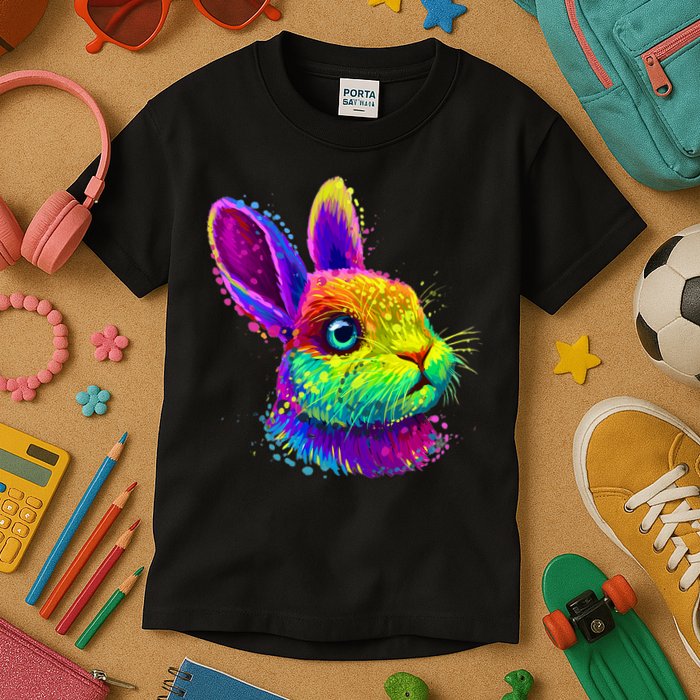 Rabbit Face Colorful Water Color Abstract Head Kids T-Shirt