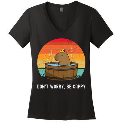 Retro Funny Capybara DonT Worry Be Capy Women's V-Neck T-Shirt