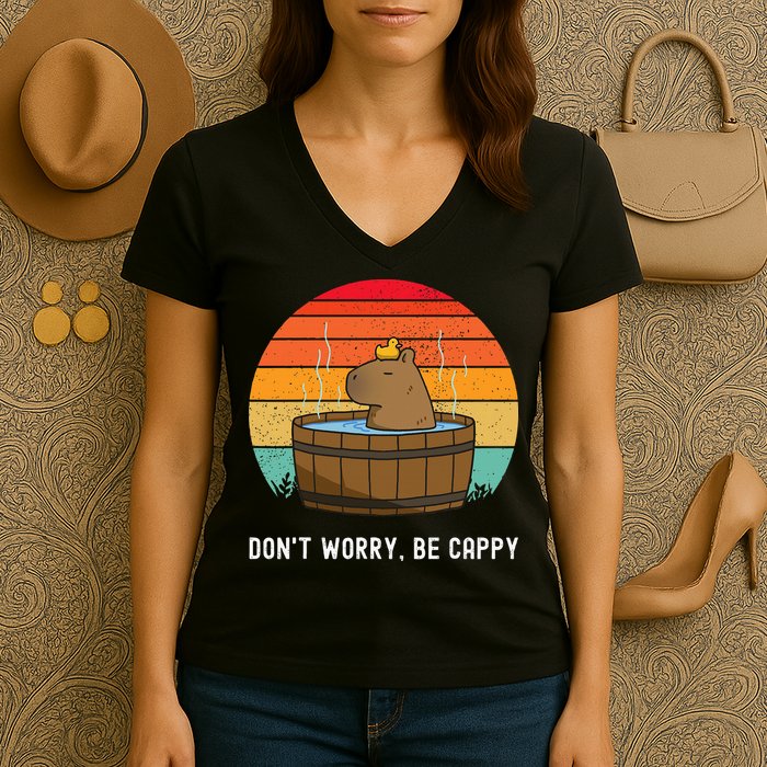 Retro Funny Capybara DonT Worry Be Capy Women's V-Neck T-Shirt