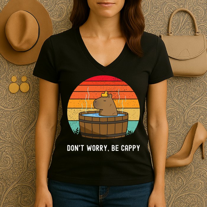 Retro Funny Capybara DonT Worry Be Capy Women's V-Neck T-Shirt