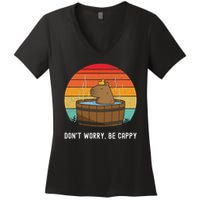 Retro Funny Capybara Don't Worry Be Capy Women's V-Neck T-Shirt