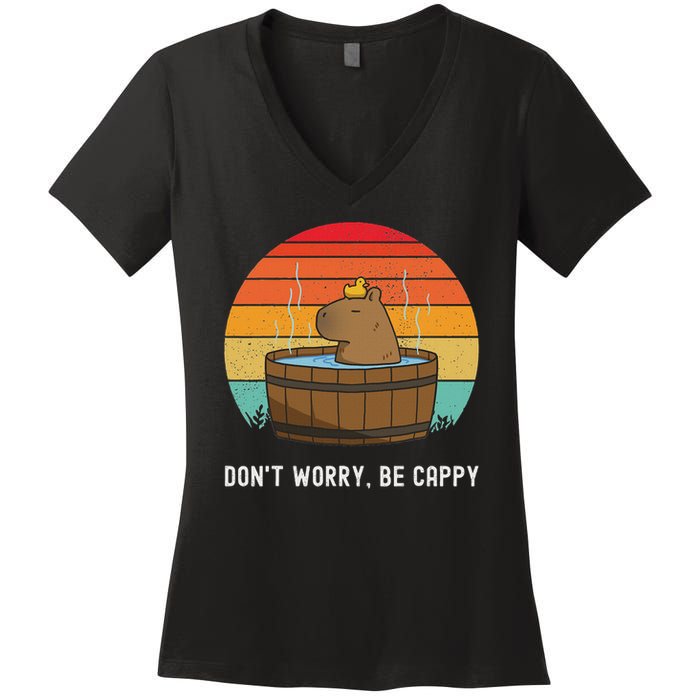 Retro Funny Capybara Don't Worry Be Capy Women's V-Neck T-Shirt