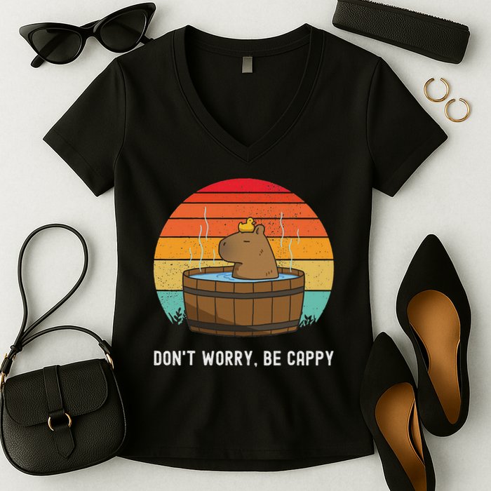 Retro Funny Capybara Don't Worry Be Capy Women's V-Neck T-Shirt