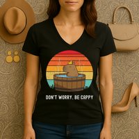 Retro Funny Capybara Don't Worry Be Capy Women's V-Neck T-Shirt