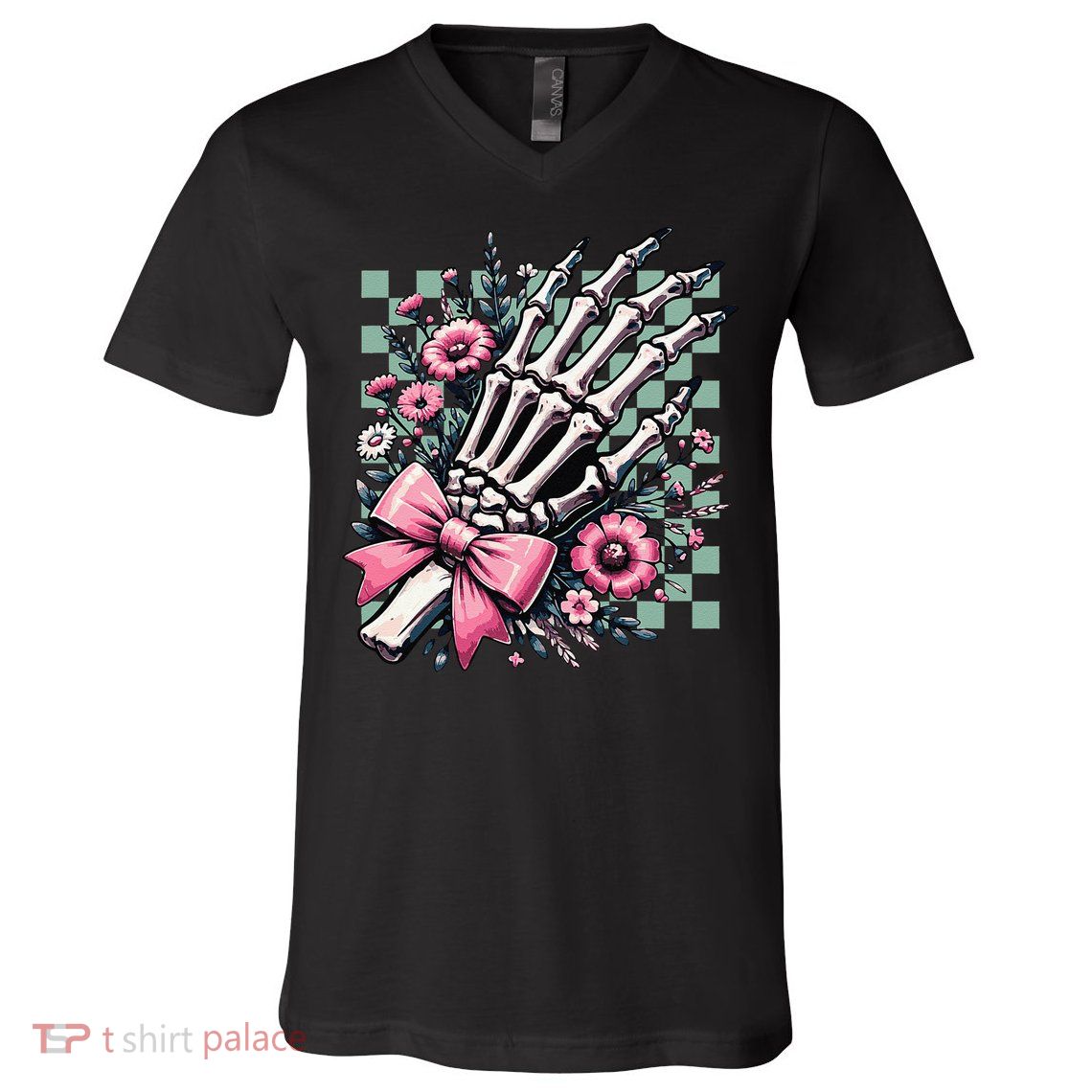 Retro Floral Coquette Bow Skeleton Hand Radiology X-ray V-Neck T-Shirt