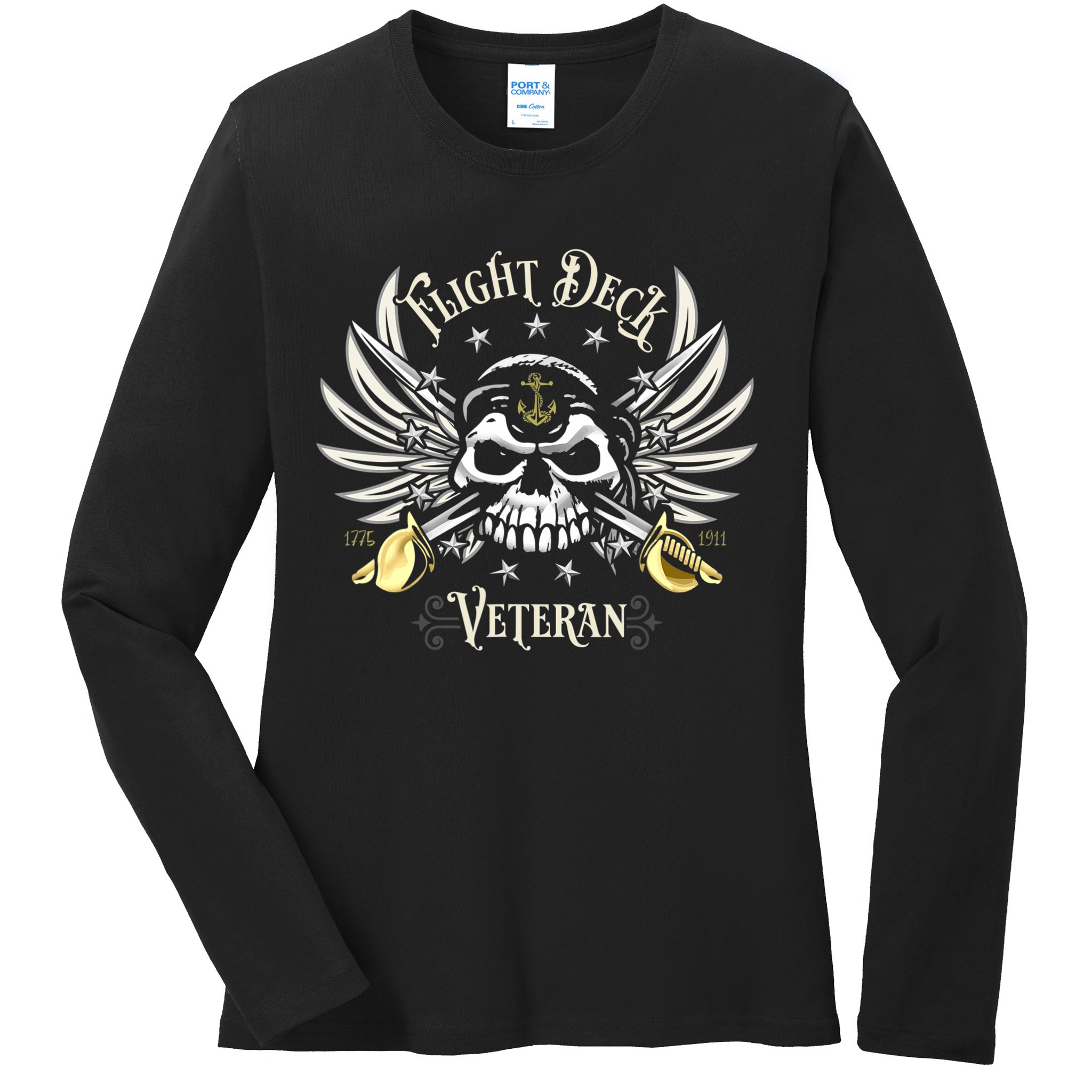 Retro Flight Deck Veteran Skull Naval Aviation Ladies Long Sleeve Shirt