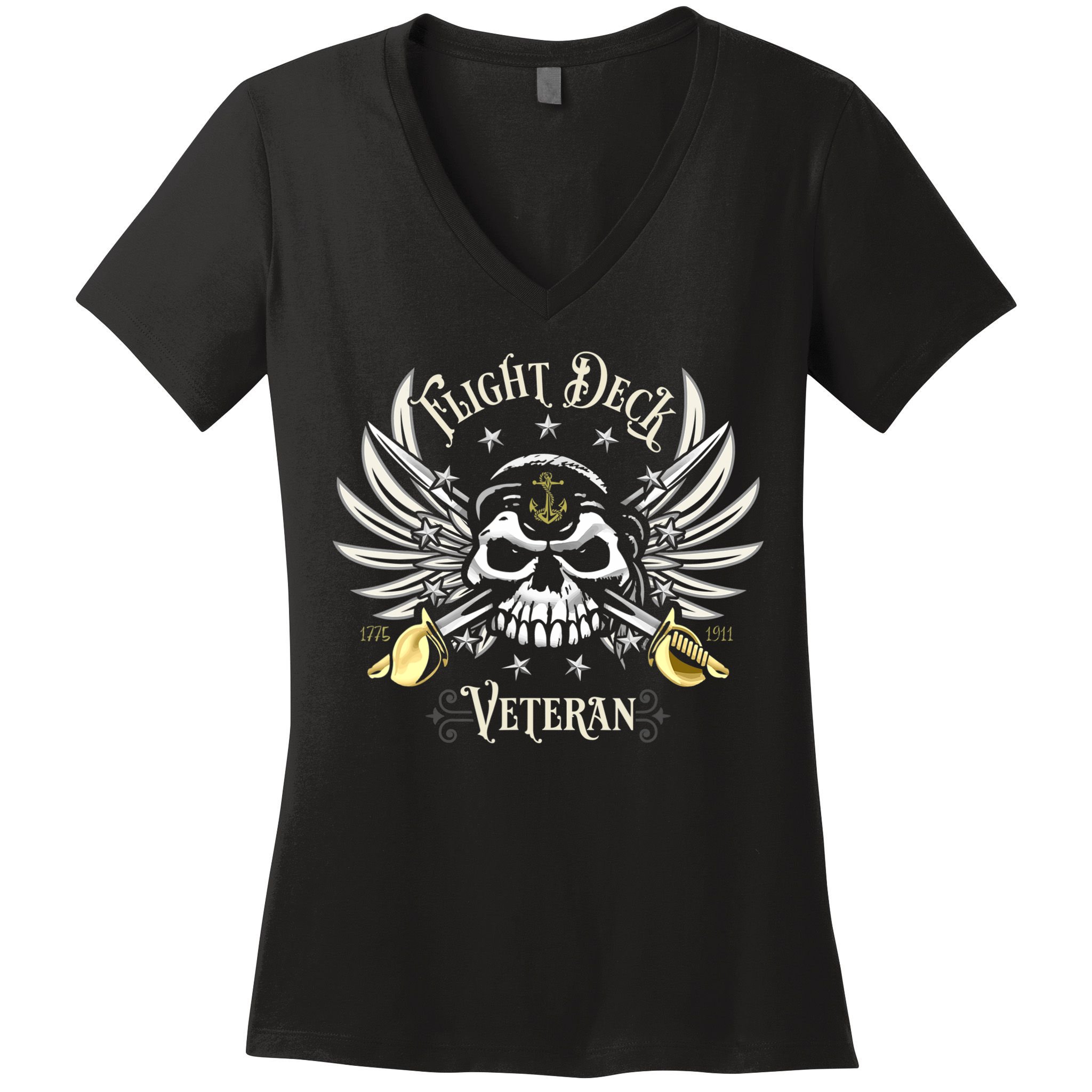 Retro Flight Deck Veteran Skull Naval Aviation Women's V-Neck T-Shirt