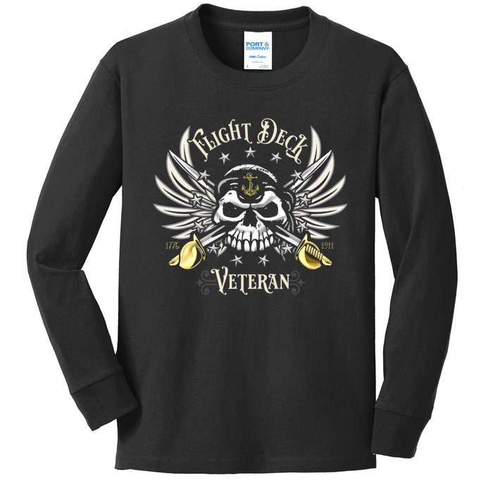 Retro Flight Deck Veteran Skull Naval Aviation Kids Long Sleeve Shirt