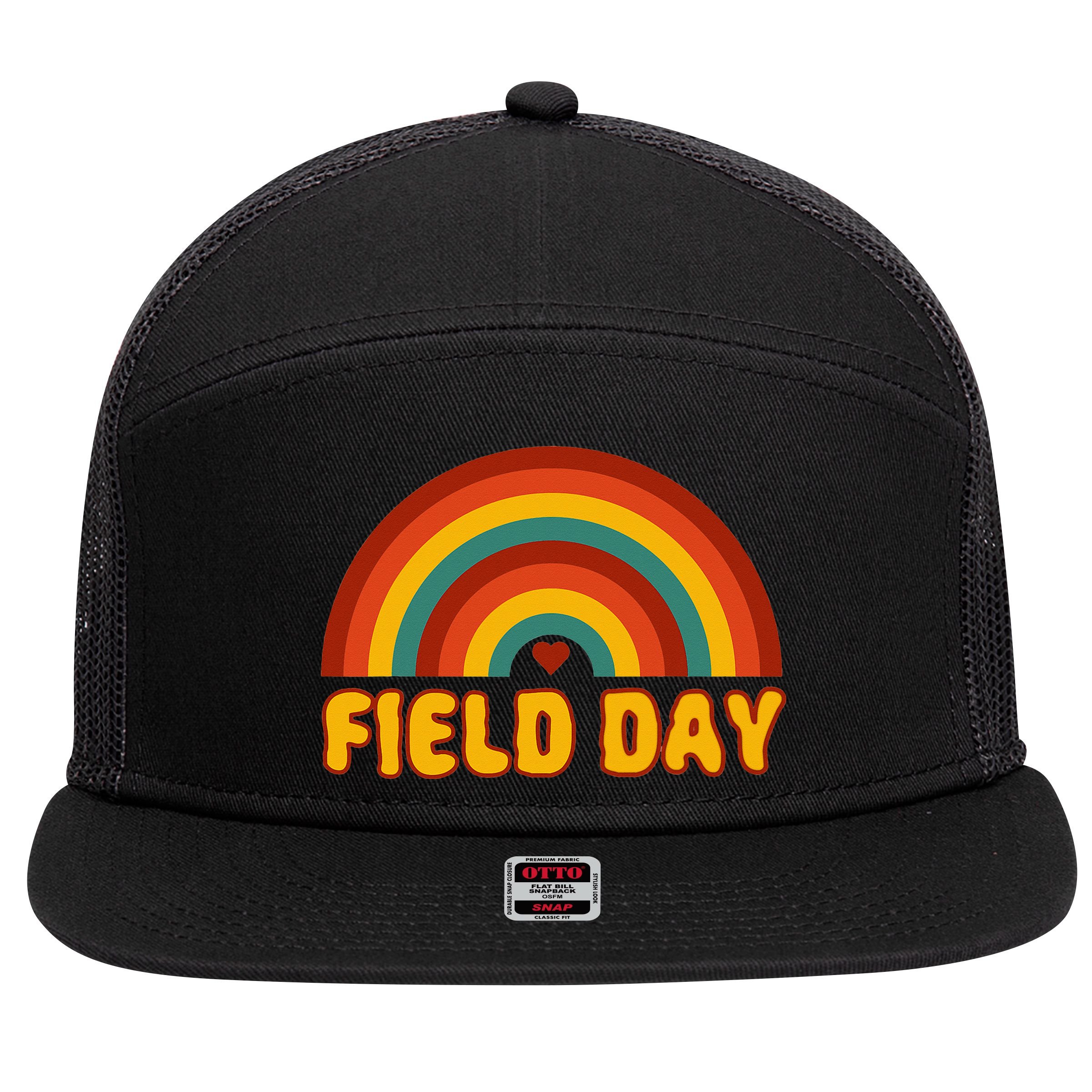 Retro field day yellow rainbow field day teachers 7 Panel Mesh Trucker Snapback Hat